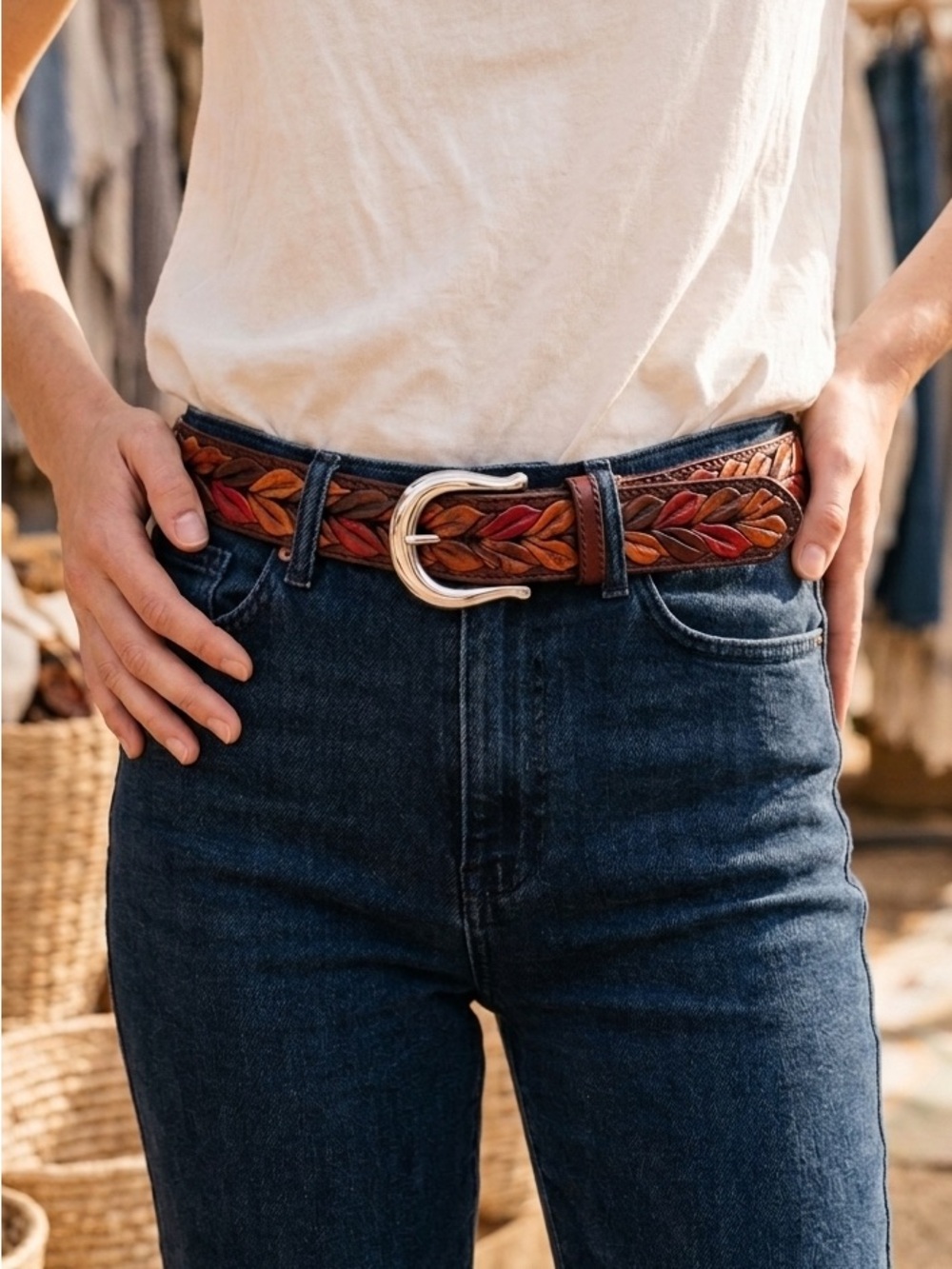 The Territory Ahead Brown Braided Leather Belt with Silver Buckle Size 32